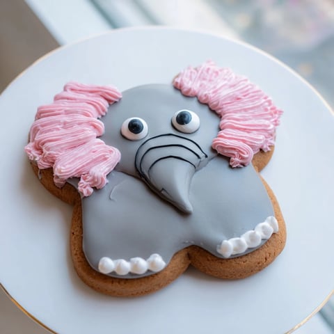 Giant Biscuits Amical Éléphant Géant, frosted gray with pink ears, make a fun kids' party dessert.
