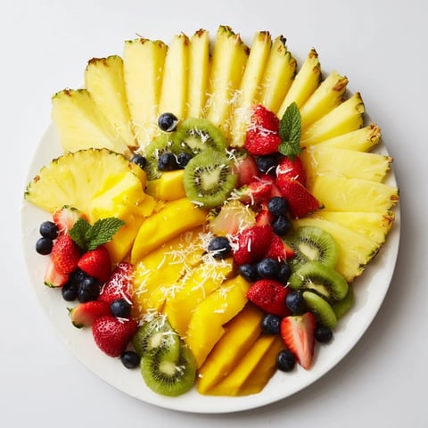 Vibrant Tropical Pineapple Sun Fruit Platter beautifully arranged with mangoes, kiwi, and berries, ready to serve.