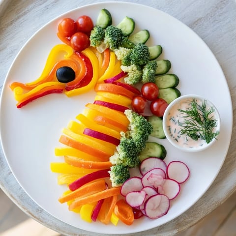 Vibrant Seahorse Veggie Dip Platter featuring fresh, colorful vegetables and creamy dip for dipping.
