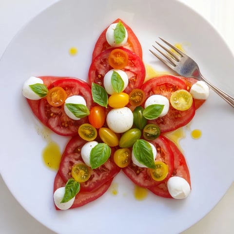 Vibrant Starfish Caprese Salad features red tomatoes, creamy mozzarella, and a basil garnish arranged beautifully.