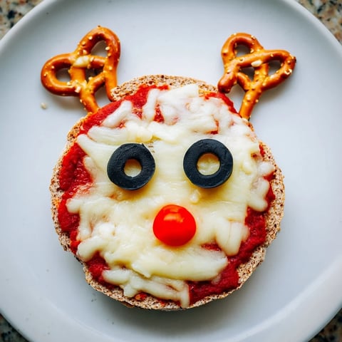 Warm, bubbly Reindeer Face Pizza Bagels with melted mozzarella and pretzel antlers, ready to eat!