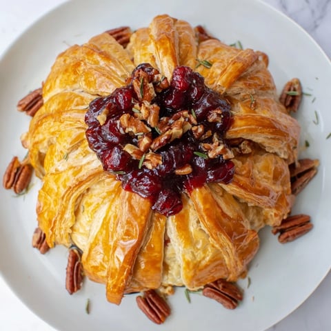 Golden puff pastry Brie en Croûte shaped like a pine tree, filled with cranberry, ready to serve.