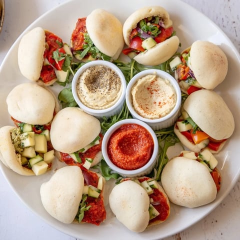 Savory board with mini pita pockets and hummus bowls: a colorful appetizer ready for dipping and enjoying.