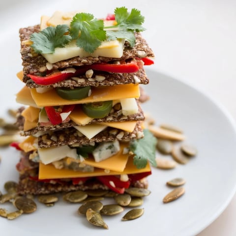 The Southwest Mesa appetizer featuring stacked cheeses, vibrant peppers, cilantro, and crunchy crackers for serving.