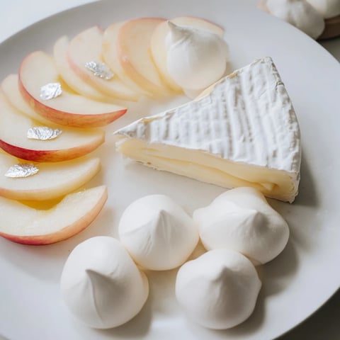 A stunning Pearly Gates cheese board, showcasing creamy brie and glistening white peaches.
