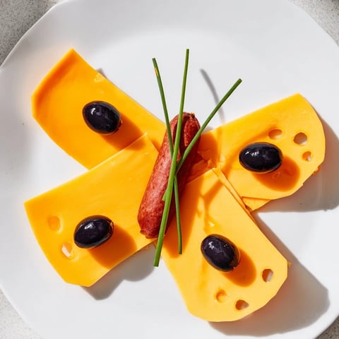 A vibrant platter of The Butterfly Migration appetizer, with cheddar wings and olive details.