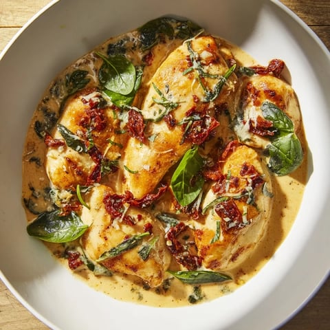 Creamy Sun-Dried Tomato Chicken Skillet, showcasing seared chicken covered in a luscious sauce with spinach.