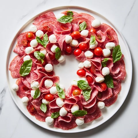 Folded salami wreath arranged beautifully with mozzarella and tomatoes, ready to serve as an appetizer.