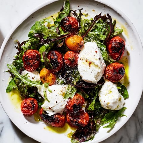 Vibrant, charred tomato salad with creamy burrata, drizzled with fragrant basil oil, a delicious vegetarian Italian dish.