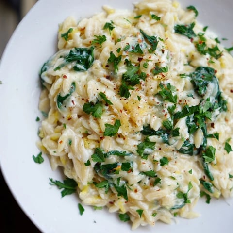 A close-up of One-Pot Creamy Orzo, a rich, comforting pasta dish with spinach and Parmesan.