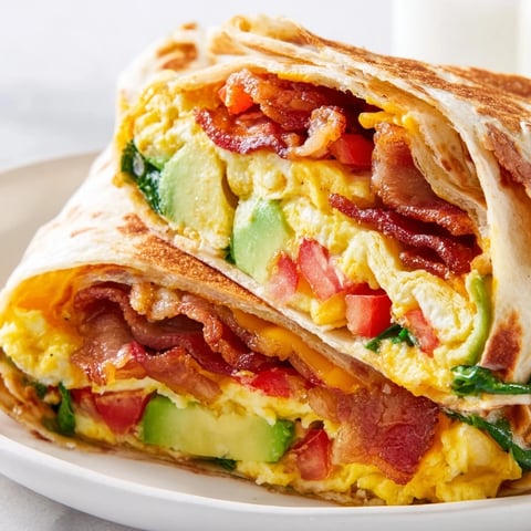 Golden, crispy breakfast wrap, perfectly folded around bacon, eggs, and cheese—a delicious morning treat.