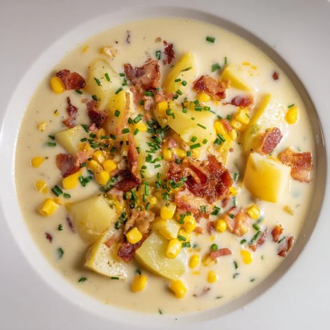 Steaming bowl of golden corn chowder soup, topped with crispy bacon and fresh chives, ready to serve.