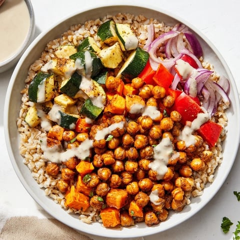 Crispy roasted chickpeas and colorful vegetables star in this vibrant Roasted Chickpea Buddha Bowl.