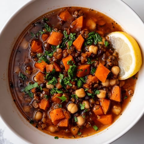 Steaming bowl of North African Harira Soup with vibrant cilantro and a citrusy lemon wedge.