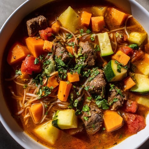 A flavorful bowl of Algerian Chorba brimming with tender lamb and fresh herbs, ready to enjoy.