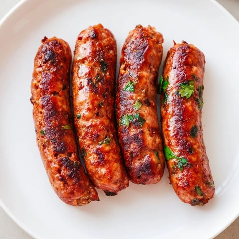 Grilled Tunisian Merguez sausages, sizzling and browned, ready to be enjoyed with crusty bread.