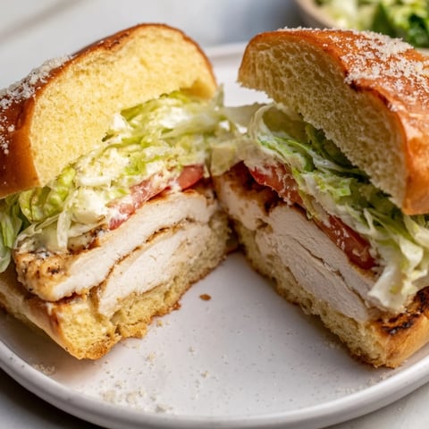 Close-up of a Caesar Chicken Sandwich with juicy grilled chicken, crisp romaine, and creamy Caesar dressing on a toasted bun.  
