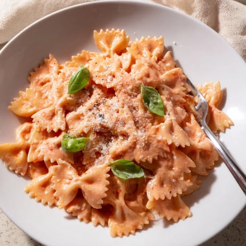 A close-up of creamy Tomato Basil Bowtie Pasta served in a white bowl, garnished with fresh basil leaves and grated Parmesan. 