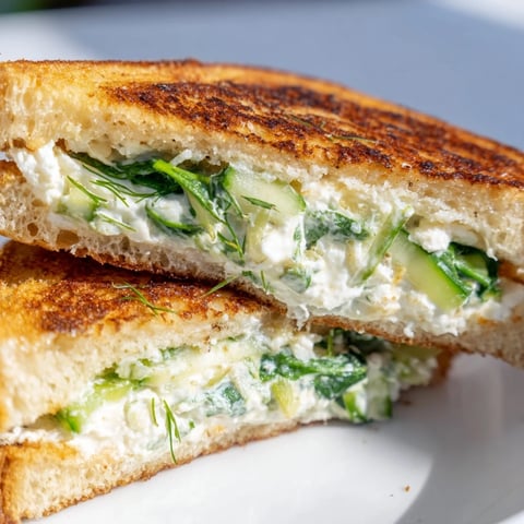 Golden-toasted sourdough slices are generously filled with creamy whipped feta and fresh dill for a tangy spring lunch.
