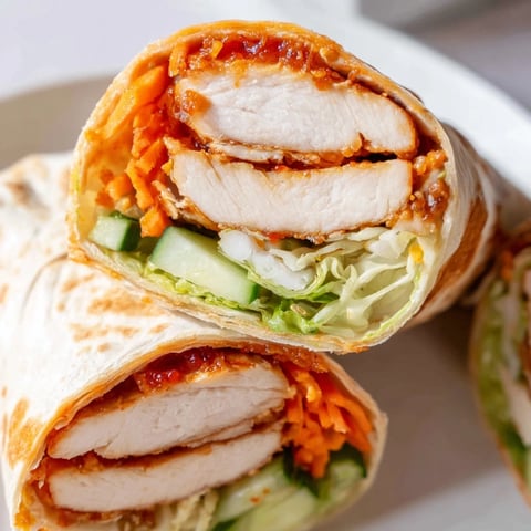 A close-up of a sliced Honey Chili Crunch Chicken Wrap on a rustic plate, revealing juicy glazed chicken and crisp fresh vegetables inside.