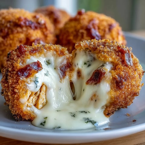 Golden-brown Buffalo Chicken Bacon Mozzarella Bombs sit on parchment, garnished with bacon crumbles and drizzled with buffalo sauce.