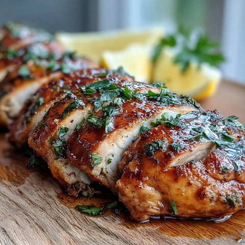 Golden-brown Oven Baked Chicken Breast fresh from the oven, garnished with lemon slices and parsley.