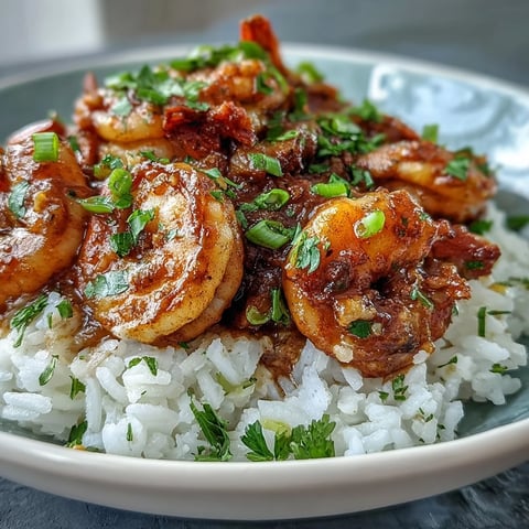 Classic New Orleans Étouffée with tender shrimp, ladled over fluffy white rice and garnished with fresh parsley and green onions.
