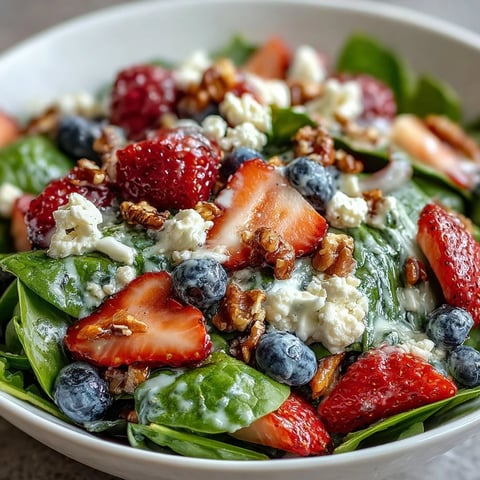Fresh baby spinach and juicy mixed berries are tossed in a tangy balsamic vinaigrette in this vibrant Spinach and Berry Salad Bowl.