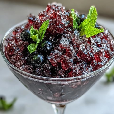 Shaved Black Currant Granita in a chilled glass with a fresh mint garnish, its icy ruby texture glistening in summer sunlight.