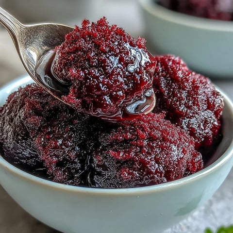 A vibrant scoop of Black Currant Sorbet served in a chilled glass dish, showing its deep purple hue and smooth texture.
