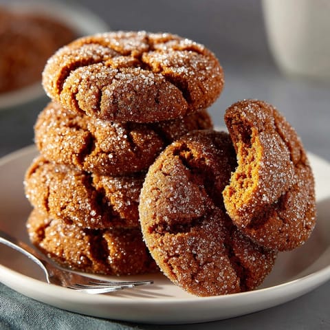 Close-up of warm, crackled Ginger Molasses Crinkle Cookies, showing textured tops and glistening sugar crystals.