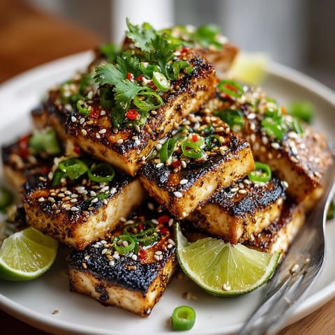 Golden-brown Thai Ginger Lime Grilled Tofu, offering a satisfyingly charred texture and delicious spicy flavors.