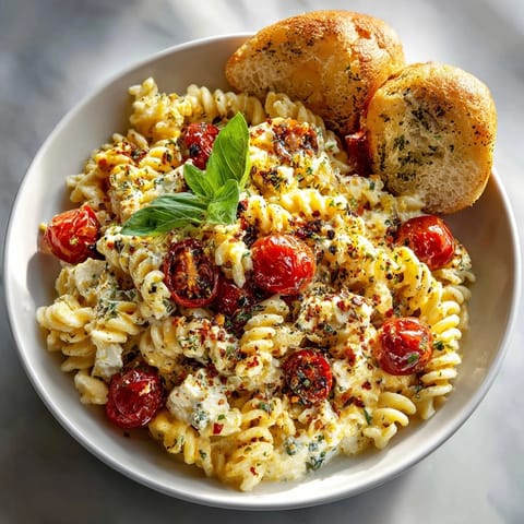 Vibrant image of baked feta pasta, with burst tomatoes, ready to be enjoyed with cloud bread.