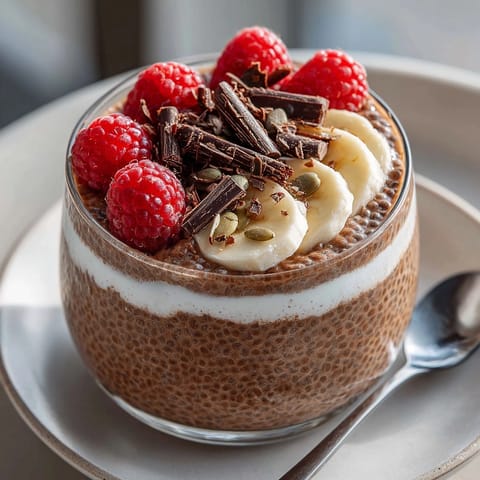 Creamy Protein-Packed Chocolate Chia Pudding served in a glass jar with vibrant fruit and nut toppings.
