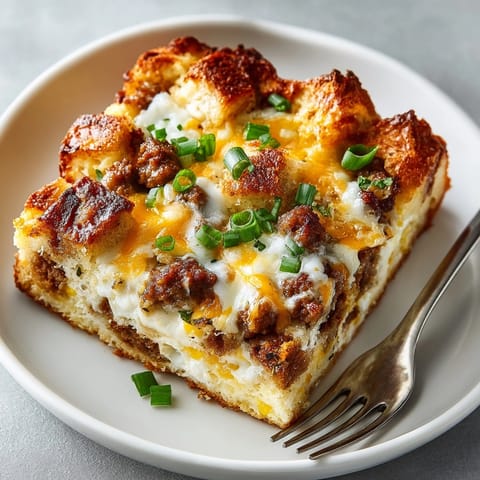 Freshly baked overnight breakfast casserole with crisp edges, gooey cheese, and fluffy egg filling.