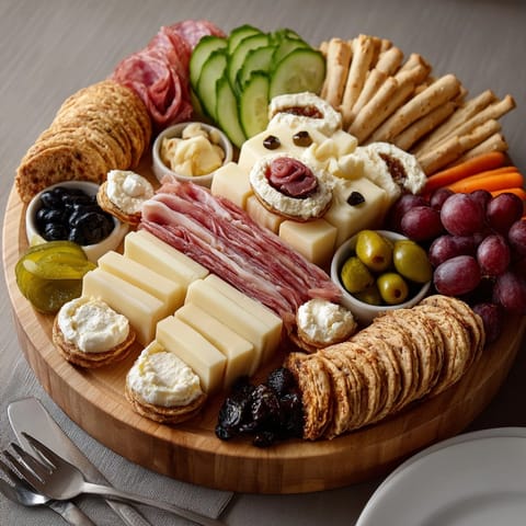 Halloween Skeleton Charcuterie Board featuring assorted cheeses, olives, and cured meats arranged playfully.