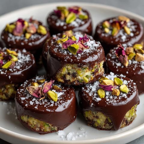 Homemade Dubai Chocolate Bar Bites, showcasing rich dark chocolate and a date-pistachio filling.