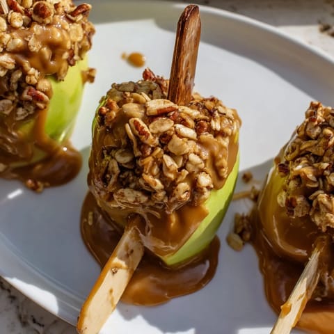 Crunchy caramel-coated apples rolled in nutty granola for a perfect party snack.  