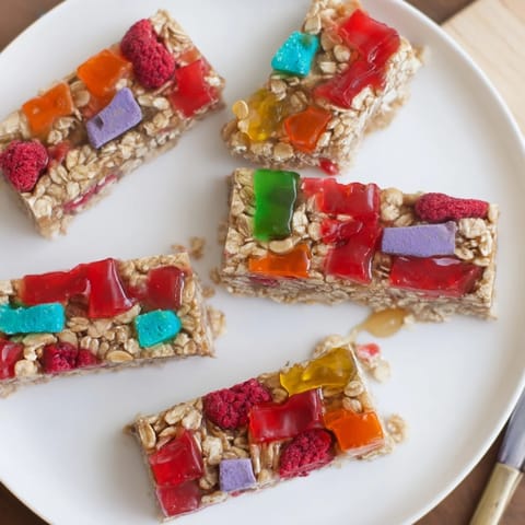 Colorful freeze-dried candy mash-up on delightful homemade gummies and oats.  