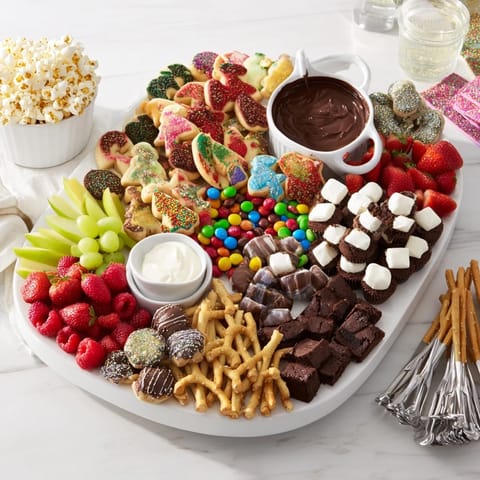Deliciously arranged dessert board featuring sweet treats and vibrant fresh fruits.  