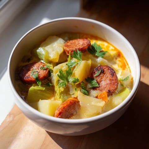 Hearty Potato, Leek & Chorizo Soup with vibrant colors and rich flavors.  