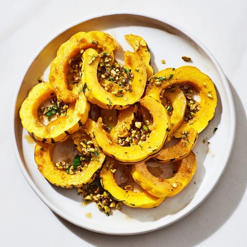 Golden baked delicata squash rings, drizzled with maple syrup and sprinkled with pistachios.