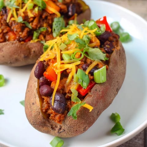 A close-up of Chili-Style Baked Potatoes, showing the fluffy potato interior and rich, spiced chili.