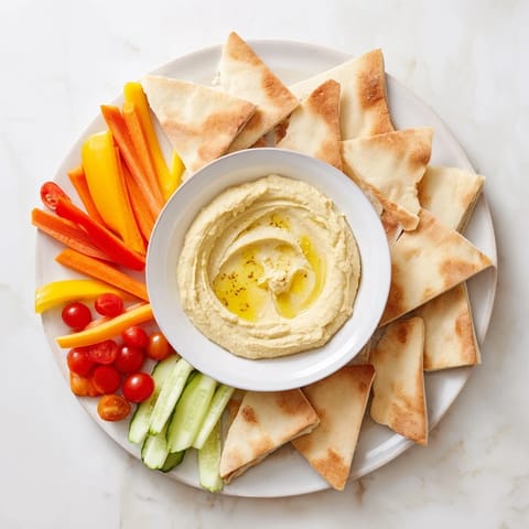 Vibrant platter showcasing delicious DIY hummus, golden pita bread, and crisp, fresh vegetable sticks.