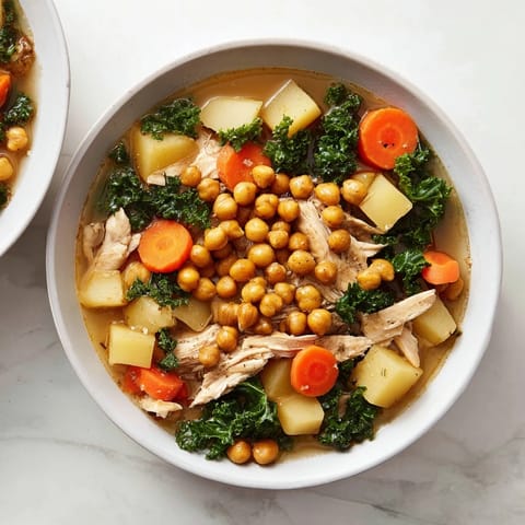 Steaming Chicken Kale Soup with Crispy Chickpeas, showcasing tender chicken amidst vibrant kale.