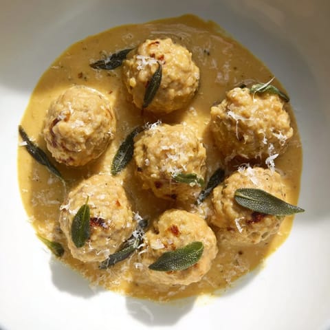 Creamy pumpkin sage sauce coats tender turkey meatballs, garnished with fresh sage leaves.