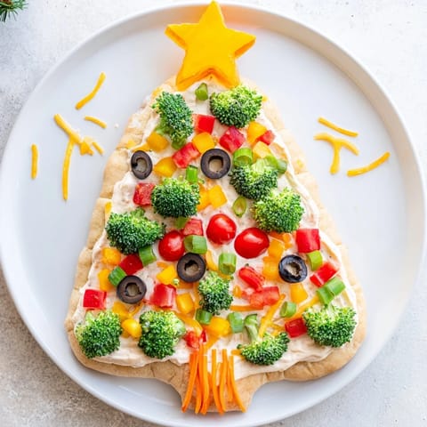 Creamy Easy Christmas Tree Veggie Pizza features a beautiful assortment of fresh, vibrant toppings.