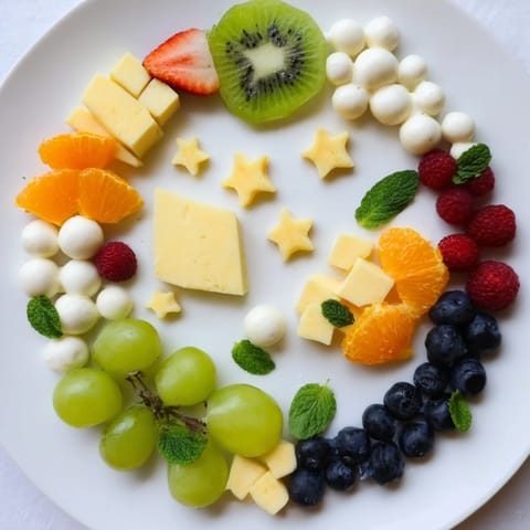 A vibrant Comet & Planet Grazing Tray with colorful fruits and cheeses, an ideal party snack.