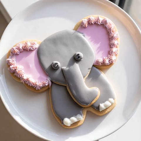 Freshly baked Biscuits Amical Éléphant Géant, each delightfully decorated with icing and candy eyes.