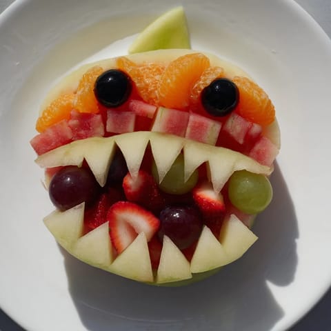 A fun, festive view: the Watermelon Shark Bite Board filled with fresh, vibrant fruits and berries.